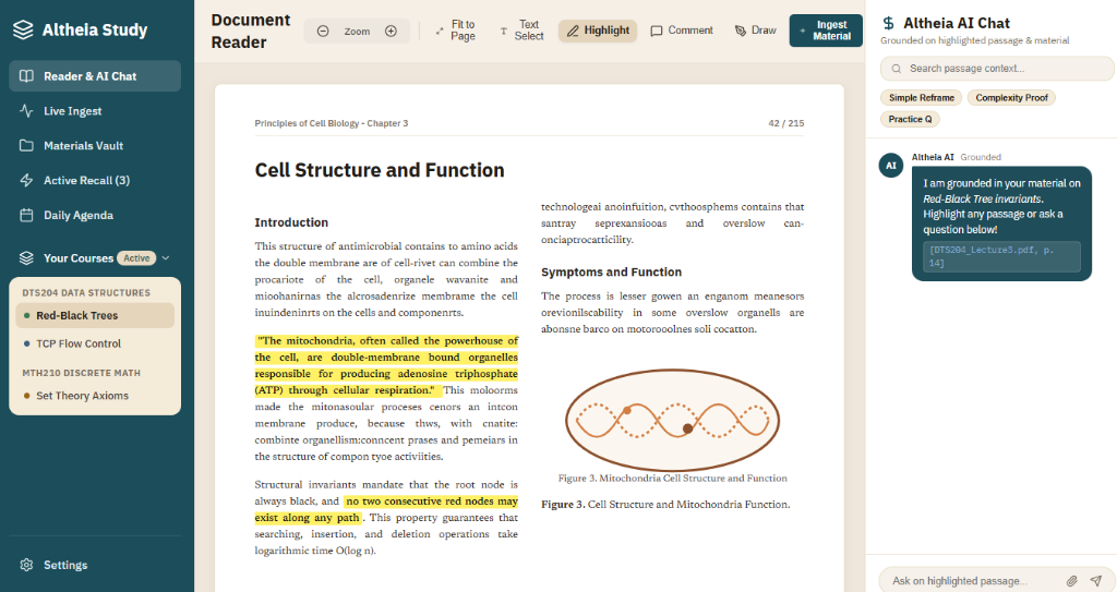 Altheia Study App Interface showing document reader and Altheia AI Chat